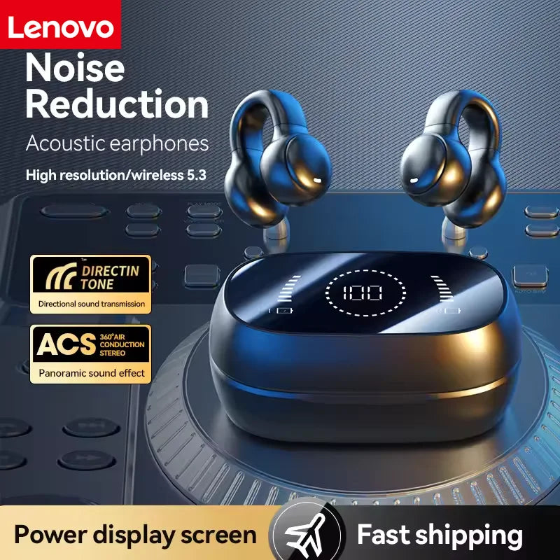 Lenovo Mirror Surface Digital Display Soft Silicone Ear Clip Wireless Bluetooth Headphones with Noise Reduction for Sports