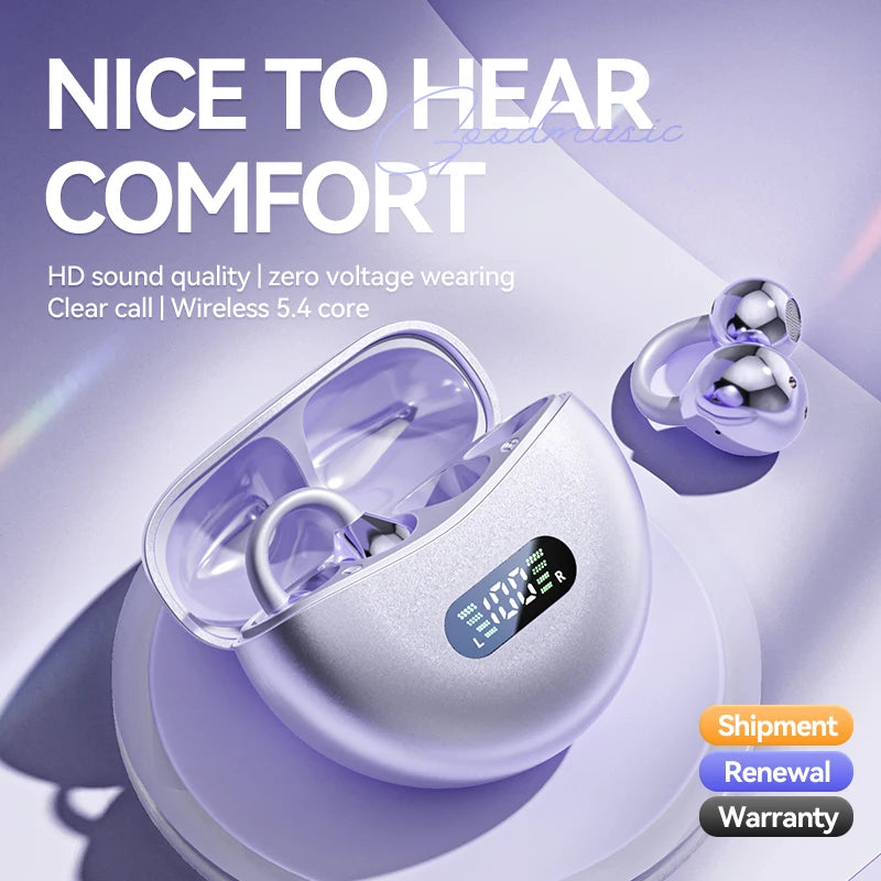 Wireless Bone Conduction HIFI Bluetooth 5.4 Earbuds Clip On Ear With Mic Digital Display Waterproof Sport Headsets 2025