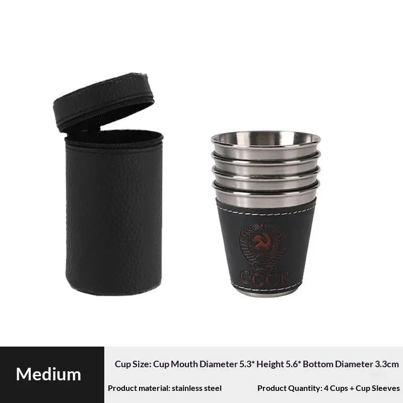 4Pcs/Set Wine Beer Whisky Cup Camping Tableware Outdoor Travel Cups Stainless Steel Cup With PU Leather Portable Coffee