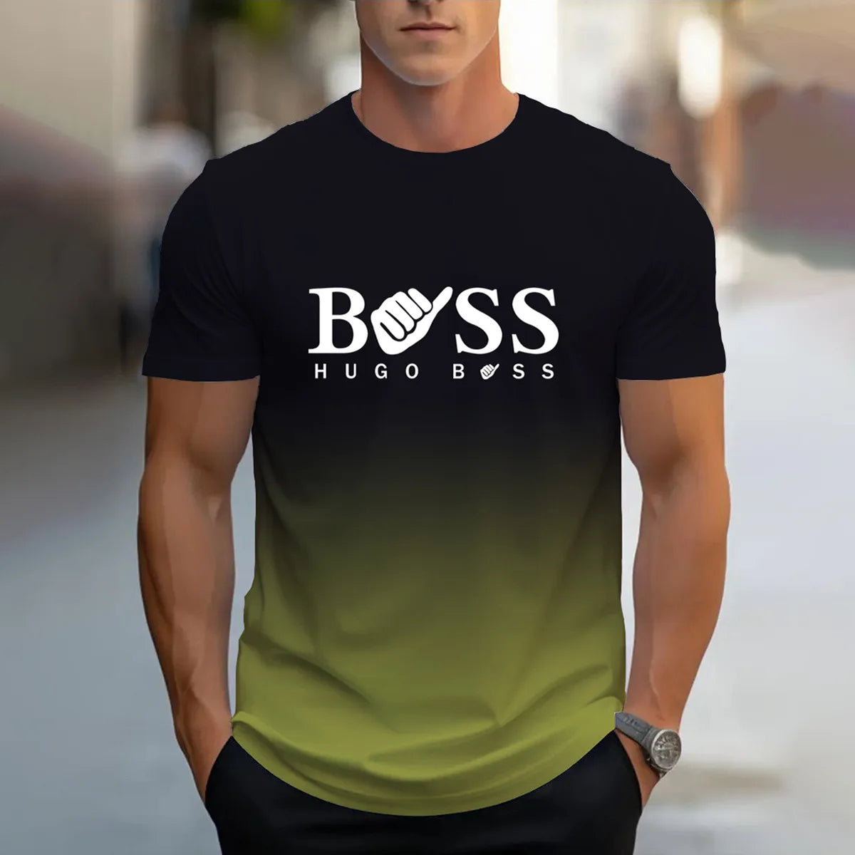 men's summer clothing casual gradient color short sleeved digital letter printed casual versatile round neck T-shirt top for men