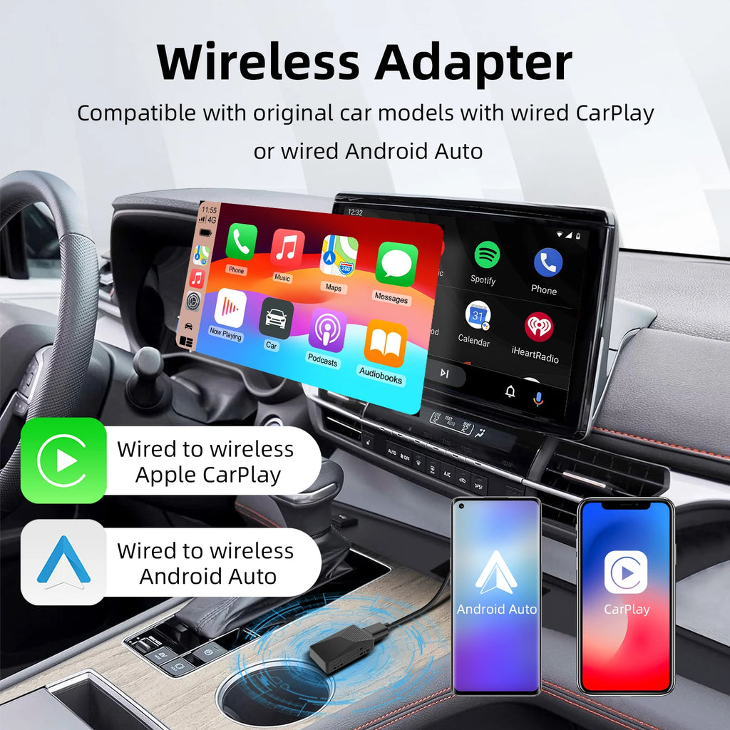 Wired To Wireless Carplay Android Auto 2in1 Wireless Adapter for OEM Car Stereo with USB Plug and Play Work on Bluetooth 5GWIFI