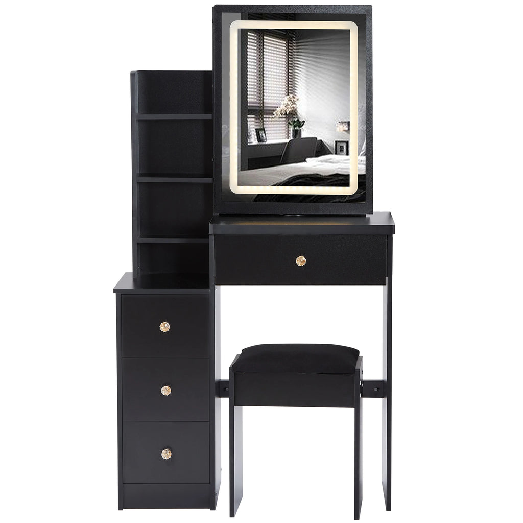 Cabinet Vanity Table Cushioned Stool Touch Control Sliding LED Mirror Tri-color Switching Brightness Adjust Multi Layer