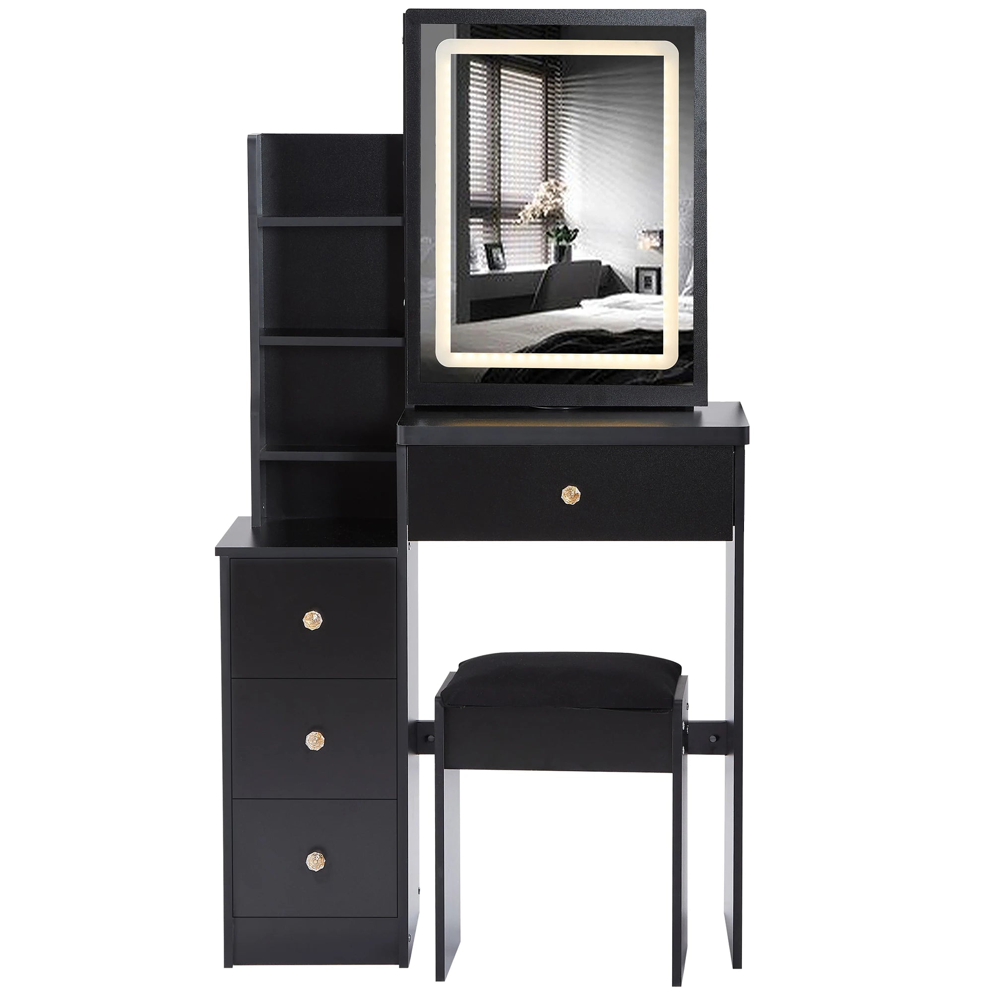 Cabinet Vanity Table Cushioned Stool Touch Control Sliding LED Mirror Tri-color Switching Brightness Adjust Multi Layer