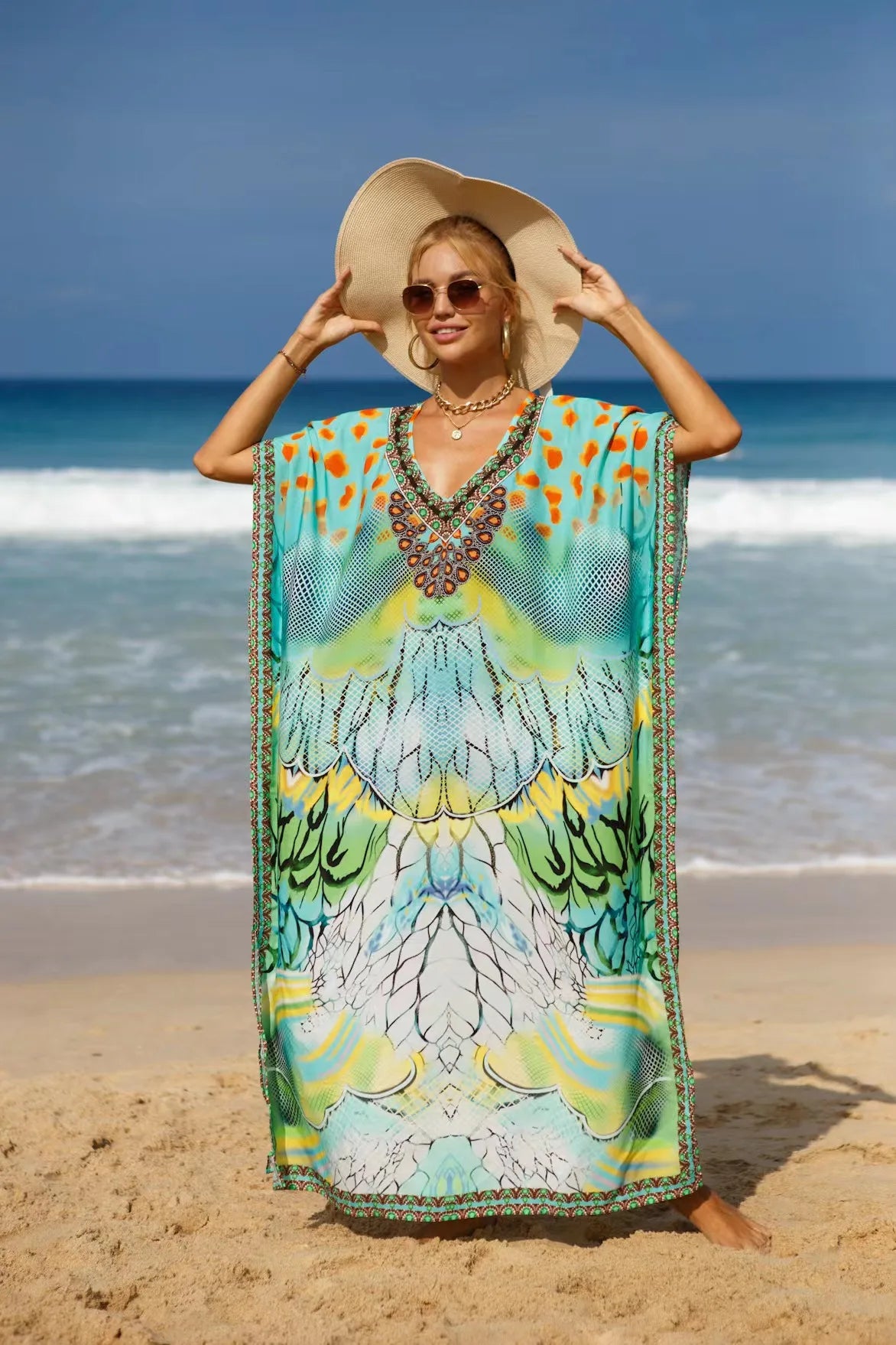 Kaftan Dresses Tropical Printed Cover Ups for Swimwear Women Elegant Maxi Robe Holiday Bathing Suits Dropshipping Hot Sales