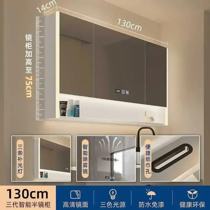 Smart Bathroom Cabinets Makeup Mirror Storage Cabinet LED Light Wall Mirror Cabinet with Time Digital Display Bathroom Furniture