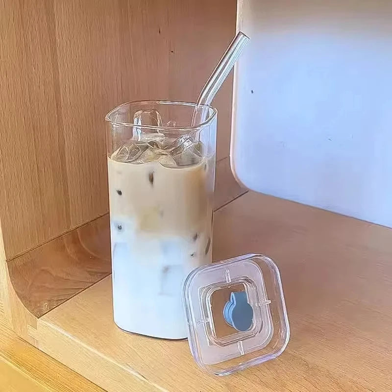 400ML Square Heat-Resistant Glass Coffee Cup with Lid and Straw, Transparent Milk Tea Juice Cup, Home Bar Drinkware