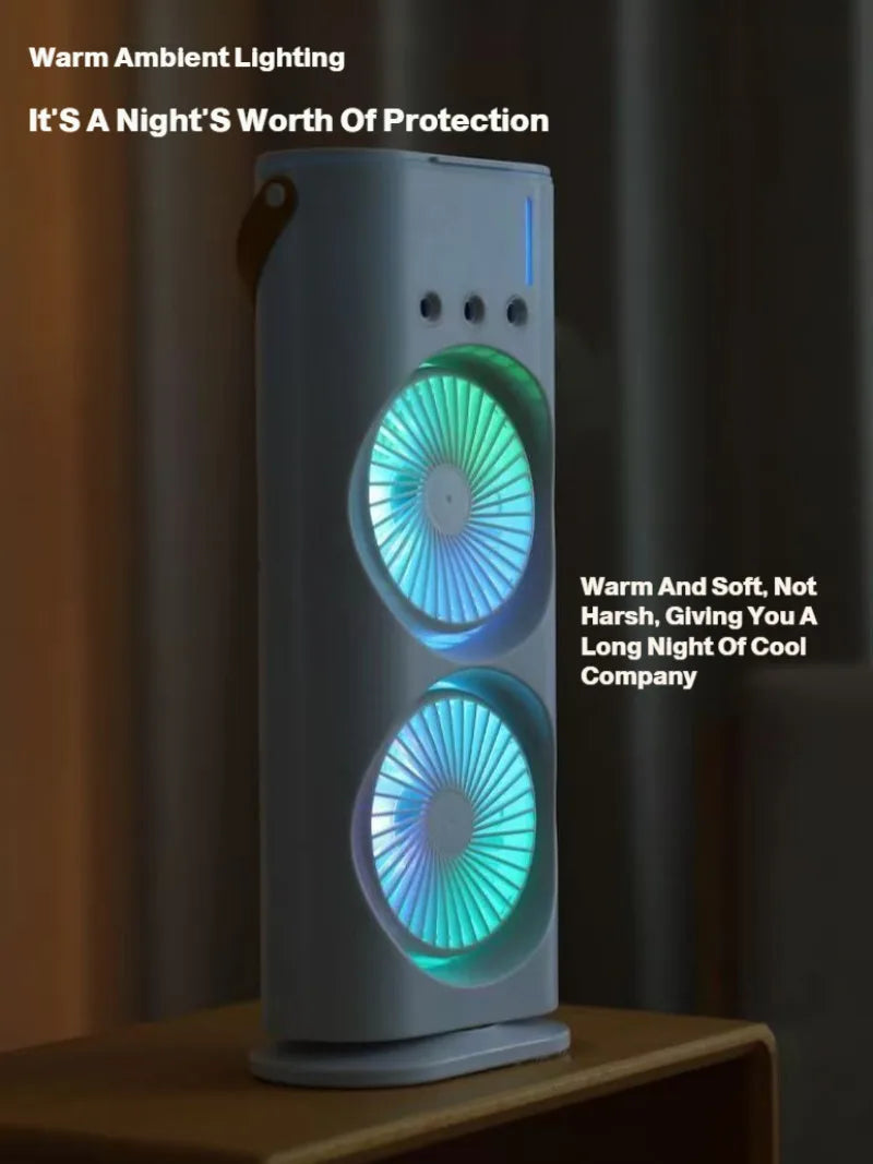 New 3 in 1 Dual-head Fan Household Mini Air Cooler LED Night Light Portable Humidifier Air Adjustment Fan for Office, Home