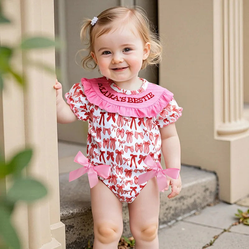 Adorable Baby Girl Romper with Cute Bows and Embroidered Letters Perfect for Mother s Day and Everyday Wear Featuring Ruffled