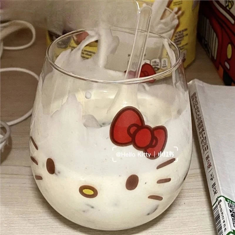 Kawaii Hello Kitty Cinnamoroll Glass Cup Cute Cartoon Girlish Heart Milk Fruit Juice High-capacity Big Bellied Cup Gifts 500ML