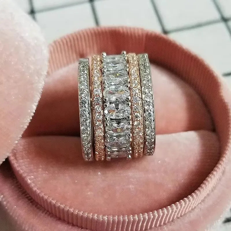 Huitan Luxury Two-Tone Wide Rings for Women Full Brilliant Cubic Zirconia Exquisite Superb Party Jewelry Trendy Chic Accessories - Free Item