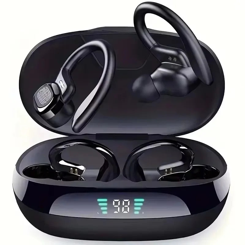 Wireless Earbuds Sport Bluetooth 5.3 Headphones with Noise Cancelling Mic 75H HiFi Stereo Over Ear Bud LED Display USB-C IPX6