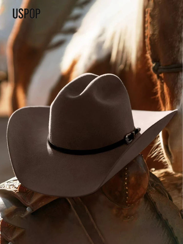USPOP Vintage Wide Brim Wool Cowboy Hat for Men UnIsex Western Outback Fedora with Buckle Band Adjustable Size S-XL