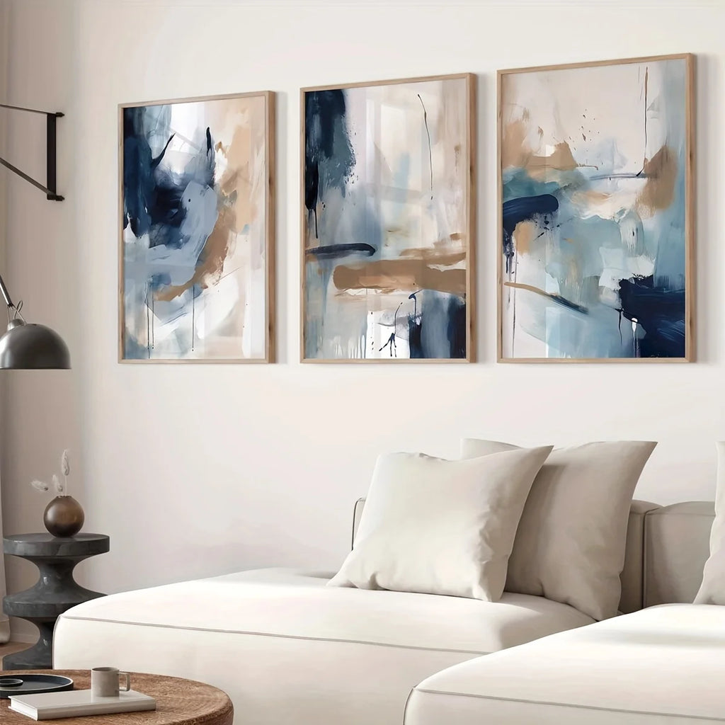 3pcs Abstract Navy Blue Geometric Canvas Print Minimalist Ink Paint Landscape Wall Art Poster for Modern Living Room Home Decor