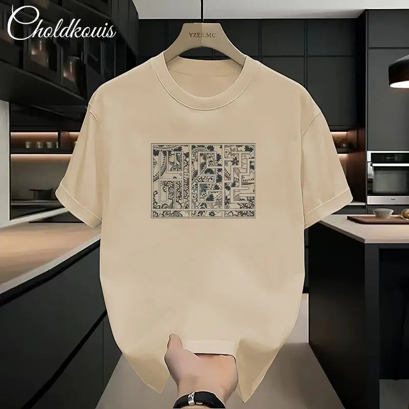 New Summer Luxury Man Casual Cotton 100% Tops for Men O-Neck Loose Printed White T-Shirts 200g Short Sleeved T-shirt for Men