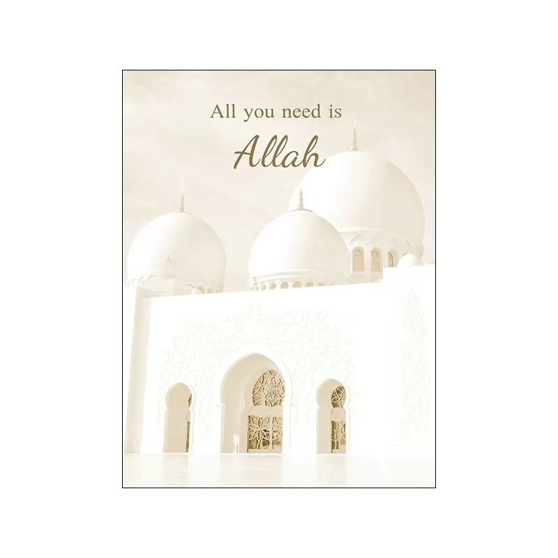 Islamic Mosque Canvas Wall Art Muslim Mosque Building Picture with Inspirational Quote and Leaf Design for Living Room Decor