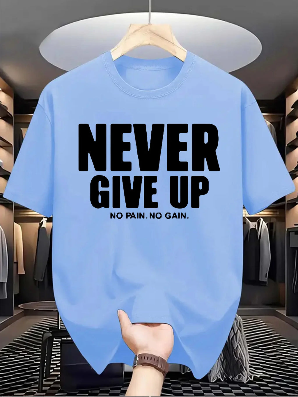 Men's 100% pure cotton fashionable casual loose sports never give up letter pattern printed round neck short sleeved T-shirt top
