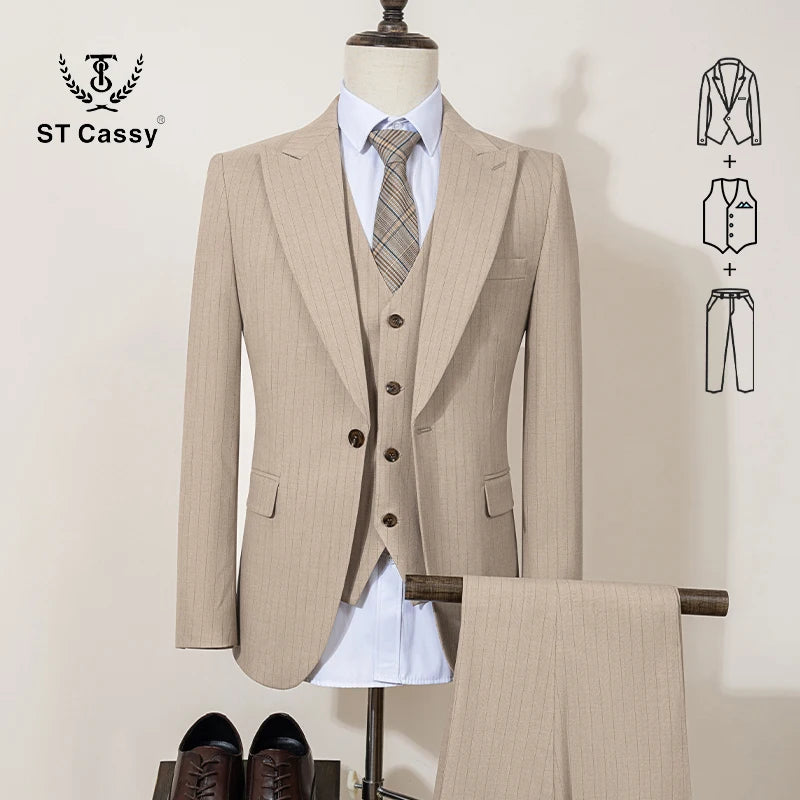 3-piece set(Jacket + vest+pants)  black striped suit slim fit luxurious and elegant men's business suit wedding
