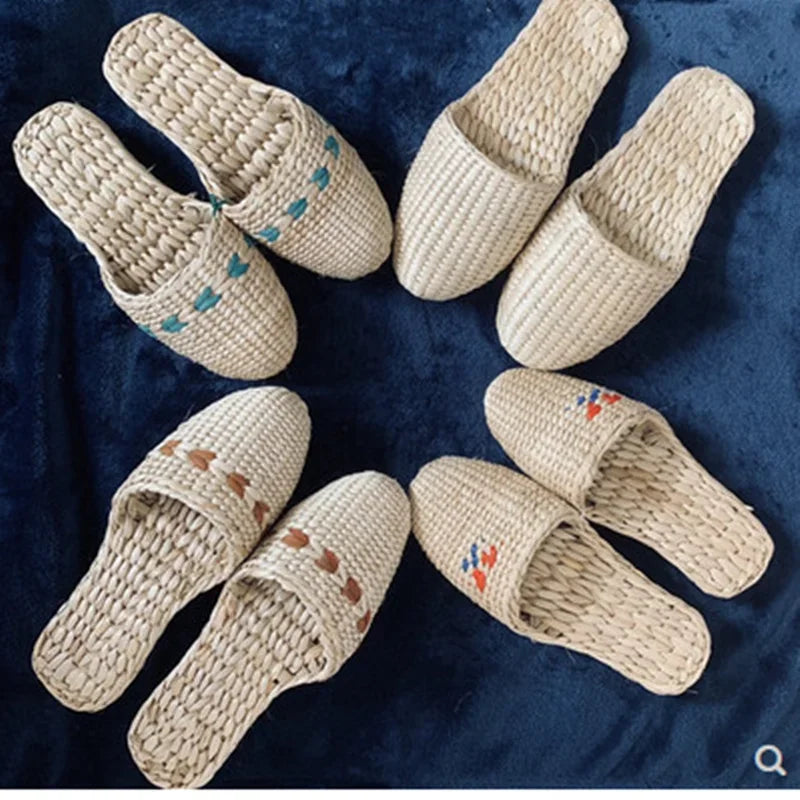 Unisex Hemp Slides Cut-Outs Grass Weaving Shoes Round Toe Novetly Hand-Made Massage Slippers Straw Natural Beige Wide Feet 44-3