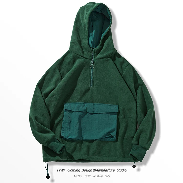 Men's Retro Half-Zip Reversible Fleece Sweater with Hoodie for Autumn/Winter