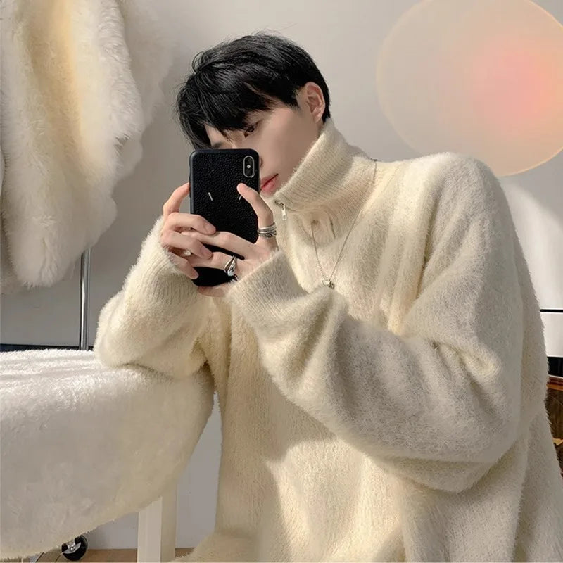 Half zip high neck sweater for men and women, loose and versatile. Knitted sweater for winter 2023, wearing a plush top on top