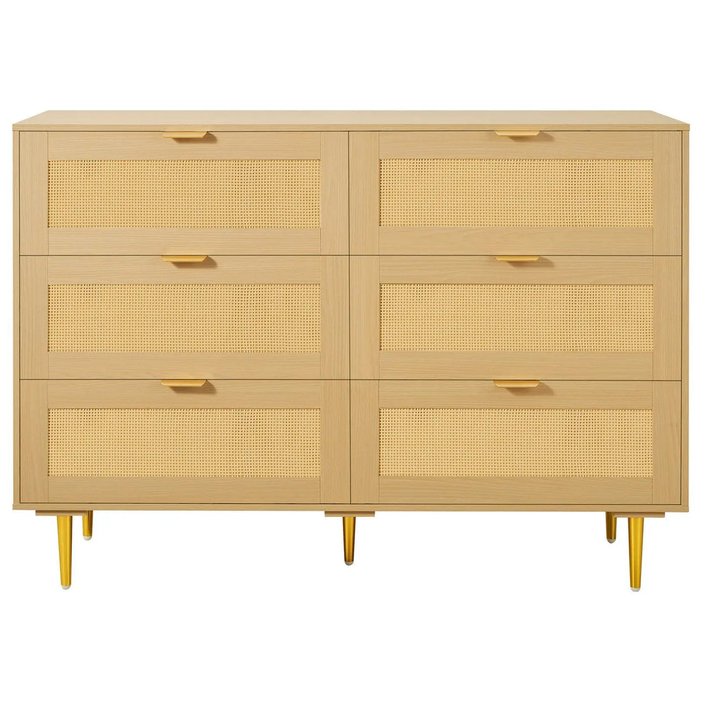 Modern 6-Drawer Rattan Dresser Metal Handles Legs Natural Wood Chest Clothing Organizer for Bedroom Living Room Hallway Model
