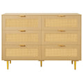 Modern 6-Drawer Rattan Dresser Metal Handles Legs Natural Wood Chest Clothing Organizer for Bedroom Living Room Hallway Model