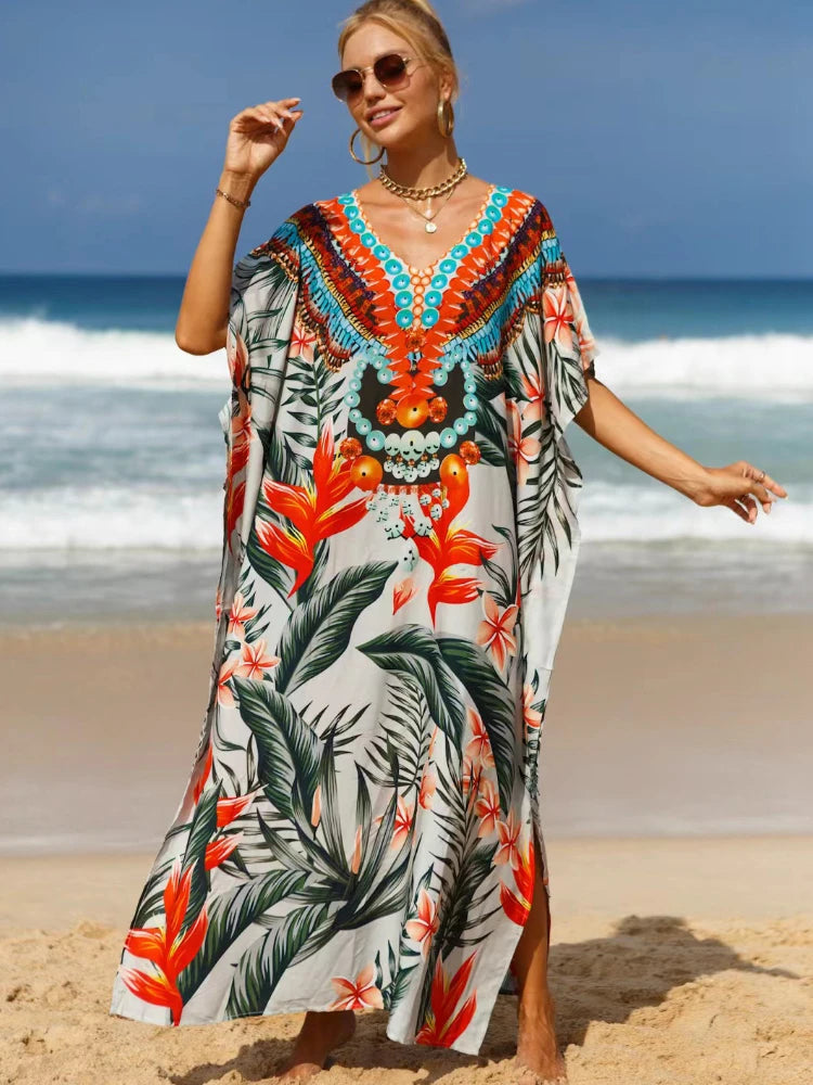 Kaftan Dresses Tropical Printed Cover Ups for Swimwear Women Elegant Maxi Robe Holiday Bathing Suits Dropshipping Hot Sales