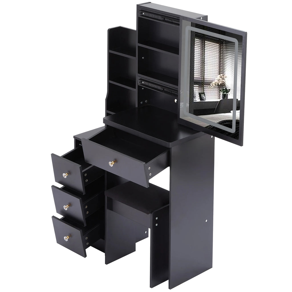 Cabinet Vanity Table Cushioned Stool Touch Control Sliding LED Mirror Tri-color Switching Brightness Adjust Multi Layer