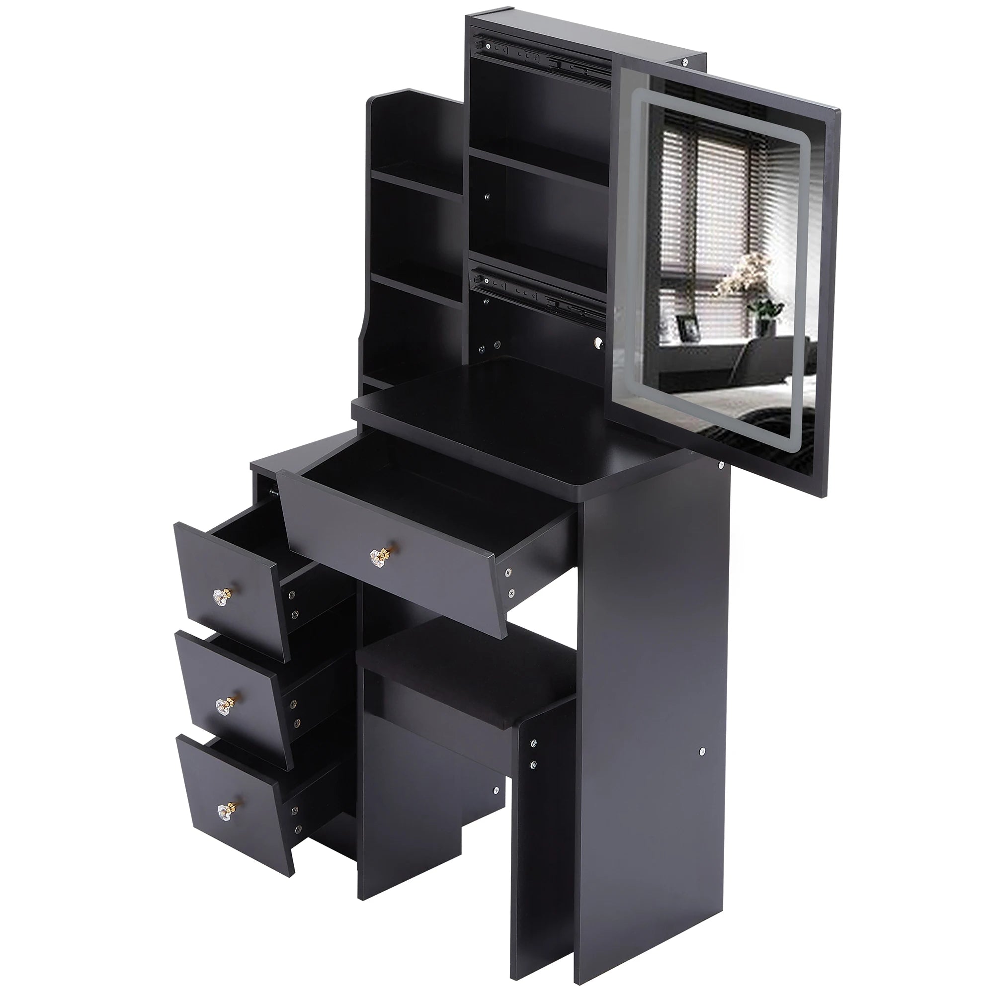 Cabinet Vanity Table Cushioned Stool Touch Control Sliding LED Mirror Tri-color Switching Brightness Adjust Multi Layer
