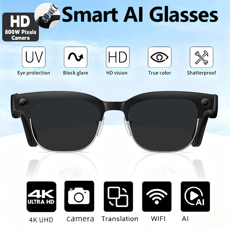 2026 New AI Smart Glasses 800W Ultra-Wide HD 4K Camera Video Recording 4GB AI Photo Recognition Bluetooth Call Translation Voice