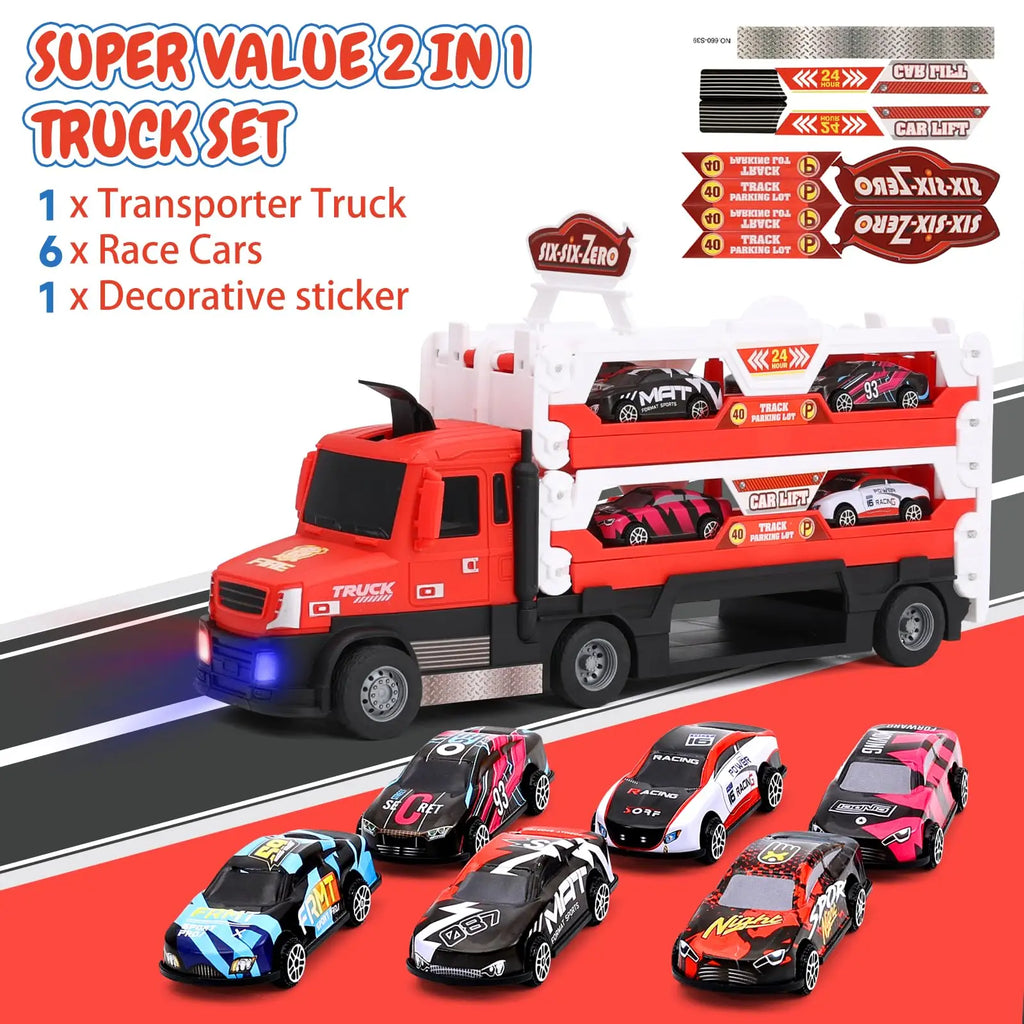 TALGIC Car Transporter Toy Truck for Toddlers 3-5 with 55-Inch Ejection Race Track with 6 Race Cars Gift for Kids Ages 3-5, 4-8