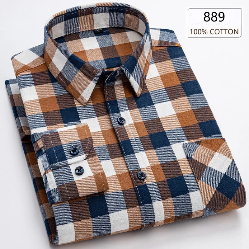 New Spring Long Sleeve Plaid Shirts For Men 100% Cotton Flannel Plus Size Easy care Confortable Top Casual Smart Dress Shirts