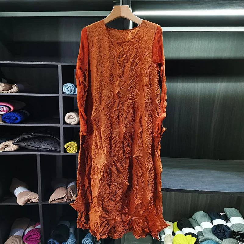 LANMREM Niche Design Pleated Women's Indian Pakistani Dress Spring 2026 New Elegant Loose High-End Round Collar Long Sleeve Clothing Chic 2DB6599 - 50% off.