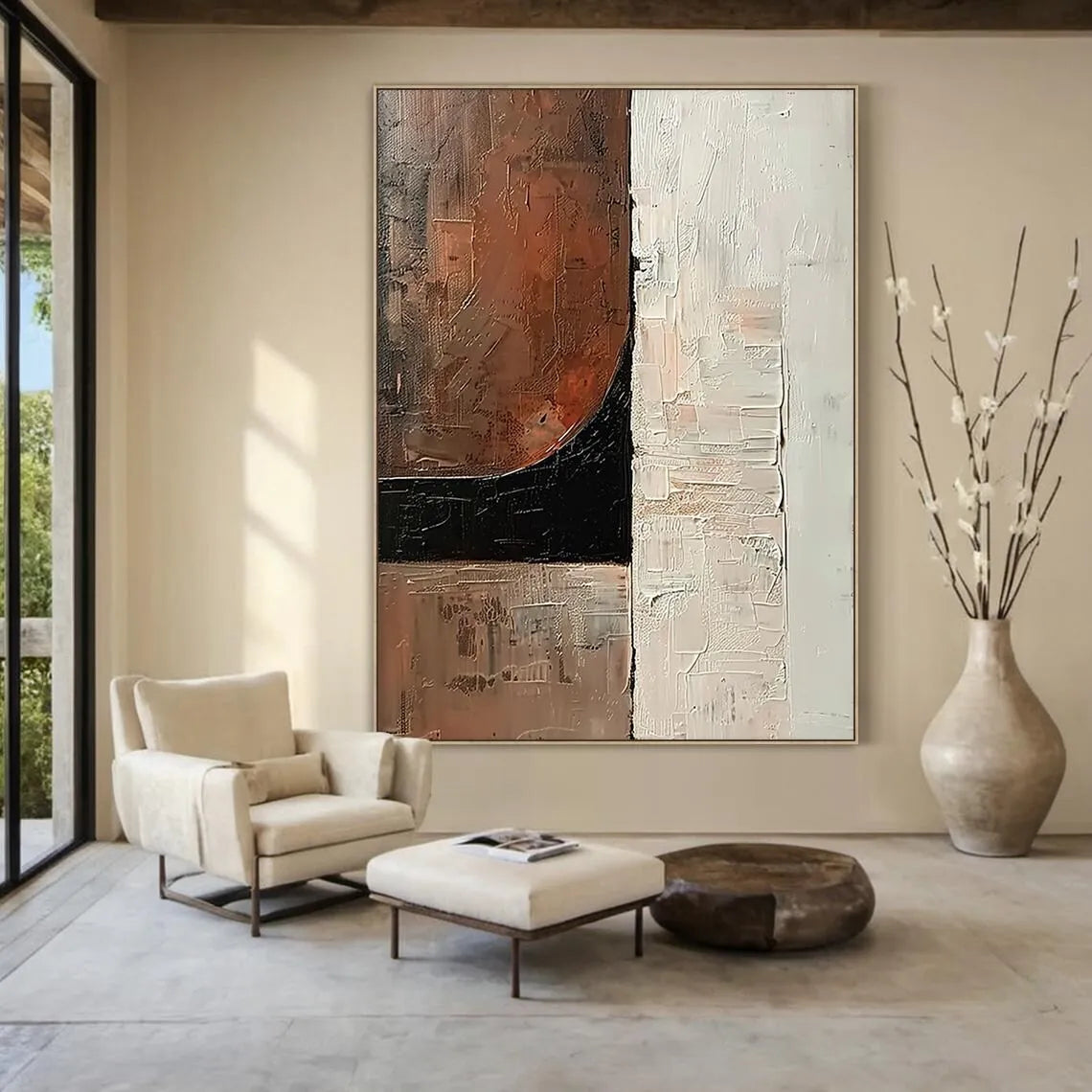 3D Beige Large Canvas Abstract Handmade Oil Painting Brown Simple Wall Art Textured Geometric Art Wall Decor Living Room Deco