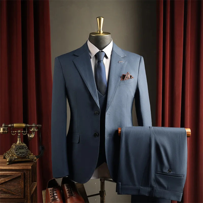 Man 3-piece Suit Outfit Single-breasted Long Sleeve Blazer Men V-neck Vest Straight-leg Pant Male Striped Business Casual Set