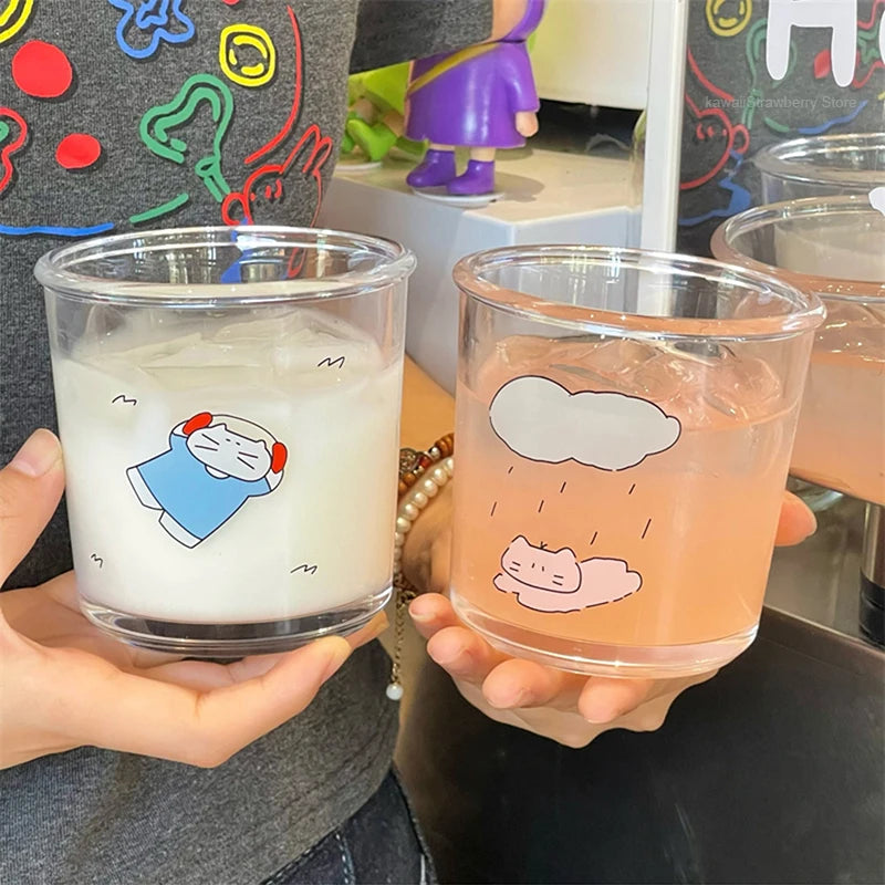 Kawaii Glass Cups Tumbler Iced Coffee Cup Aesthetic Cute Cat Korean Drinking Glasses Cups For Juice Beer Milk Tea Wine 400ml