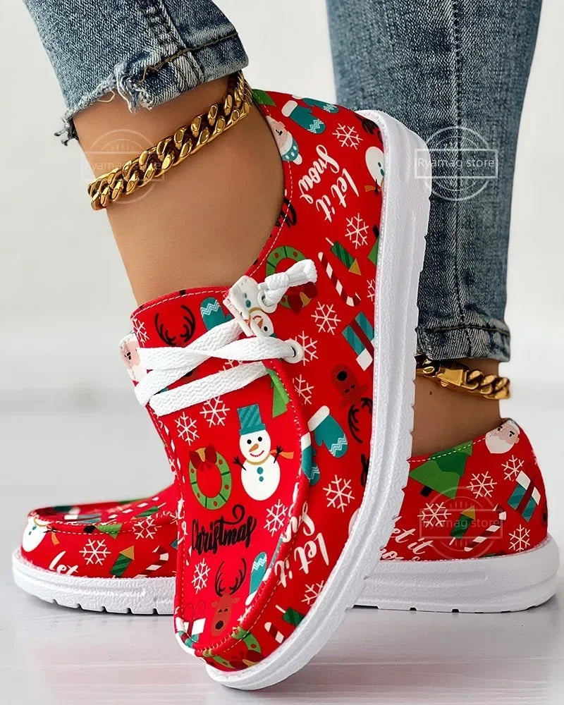 Loafers Women's Christmas Snowman Elk Graphic Print Lace-up Round T Women's Vulcanize Shoes Canvas Women Flat Shoes Zapatos - Free Item Weekend (50% off).