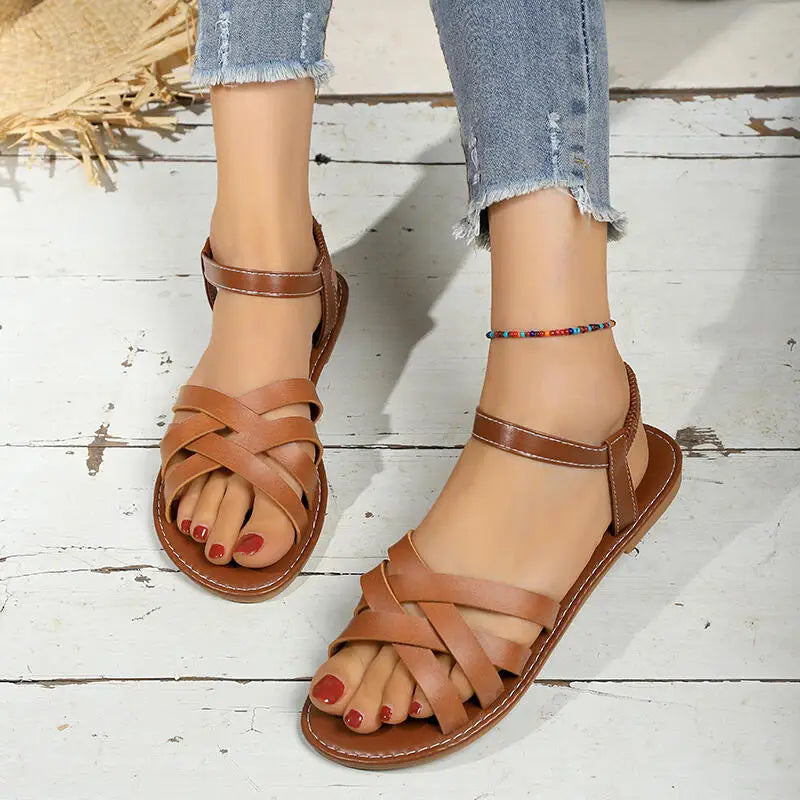 Vintage Brown Ankle Strap Gladiator Sandals Women Summer 2026 Brand Design Cross Strap Flat Feel Sandals Woman's Beach Shoes