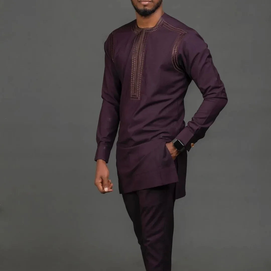 Kaftan Men's Suit African Ethnic Style Long Sleeve Solid Color Casual Suit Men's Traditional Clothing 2-piece Suit