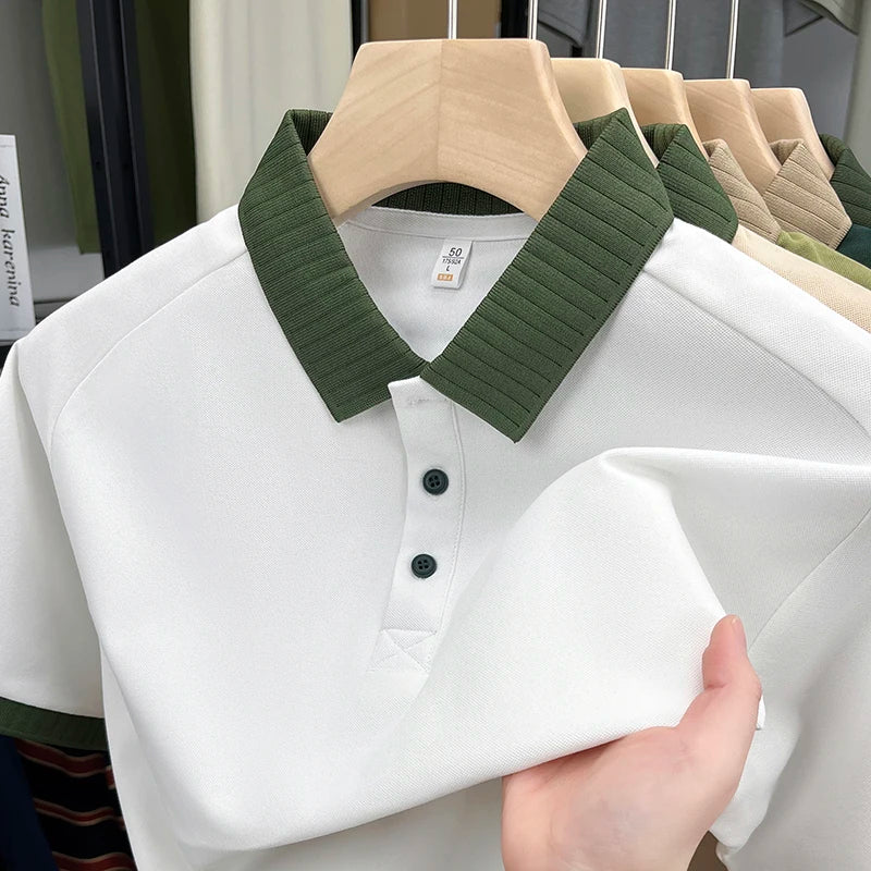 New 2025 Men's ort Sve  irt Casual Pure Color Versatile Busin Turn Collar Top Paul Sle Printed Polyester Fiber