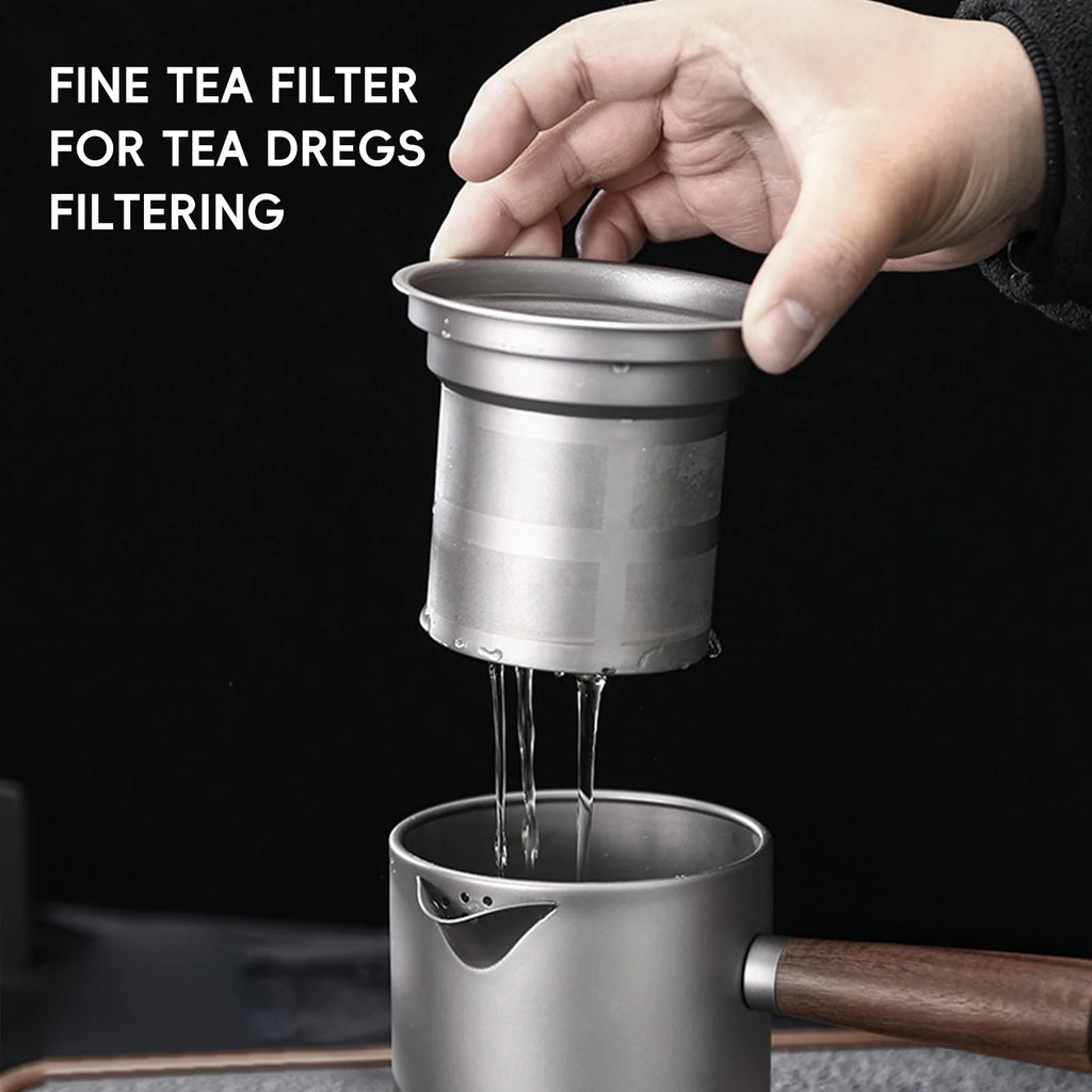 Ti Tea Kettle with Wood Handle Portable Tea Maker with Strainer for Camping Hiking
