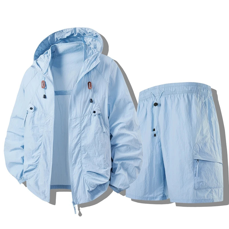 Men's Summer Thin Breathable Hat Sun Protection Suit Outdoor Fishing Climbing Function Couple Set Long Sleeve Short Pants