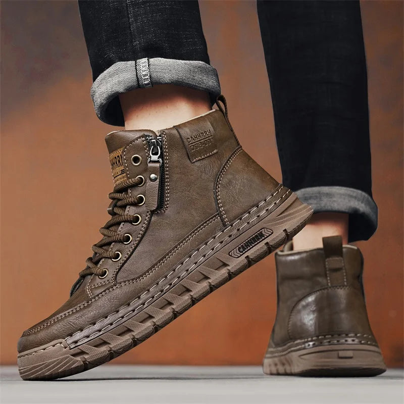 Mens High Top Leather Ankle Boots Comfortable Motorcycle Boots Non Slip Walking Training Shoes Botas Outdoor Treking Footwear