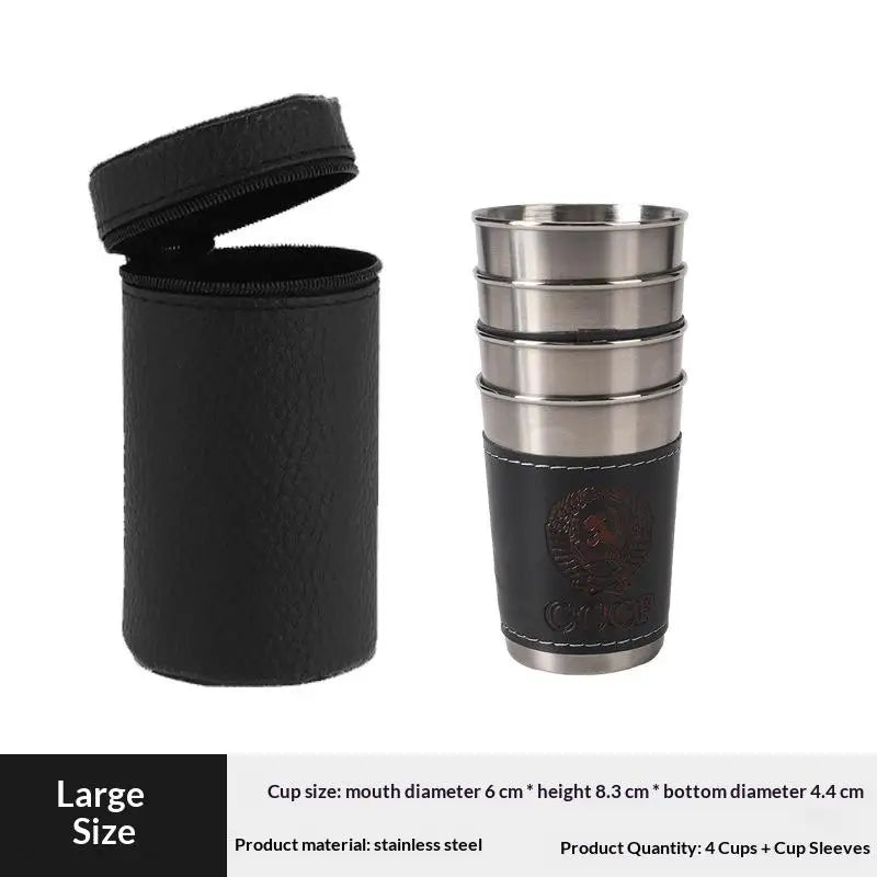 4Pcs/Set Portable Coffee Wine Beer Whisky Cup Camping Tableware Outdoor Travel Cups Stainless Steel Cup With PU Leather