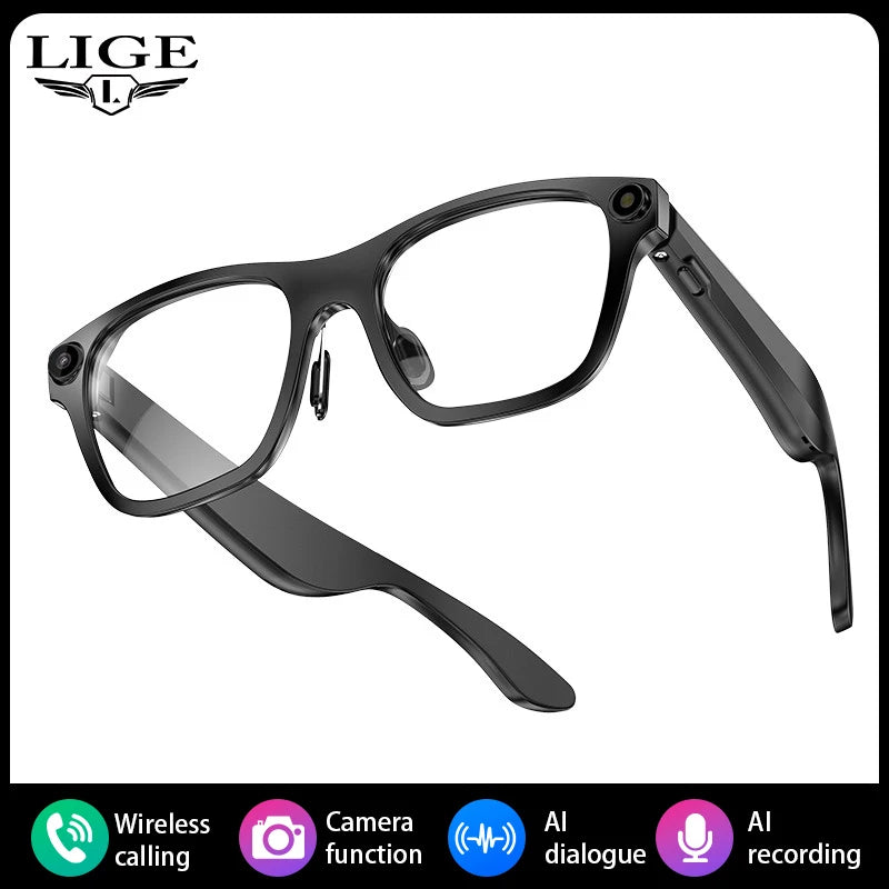 LIGE AI Smart Camera Glasses 500W 1080P HD Mini Camera Video Recording Voice Assistant Calls Music Outdoor Bluetooth Eyeglasses
