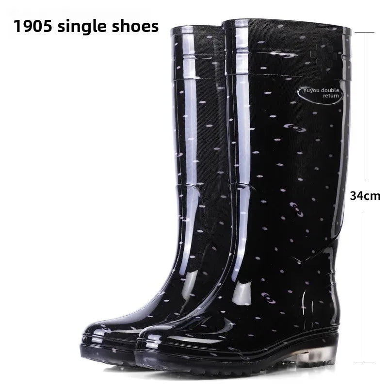 Anti-Slip High-Tube Crystal Flower Ladies Rain Boots PVC Material Kitchen Dining Hall Cleaning Fashionable Water Shoes