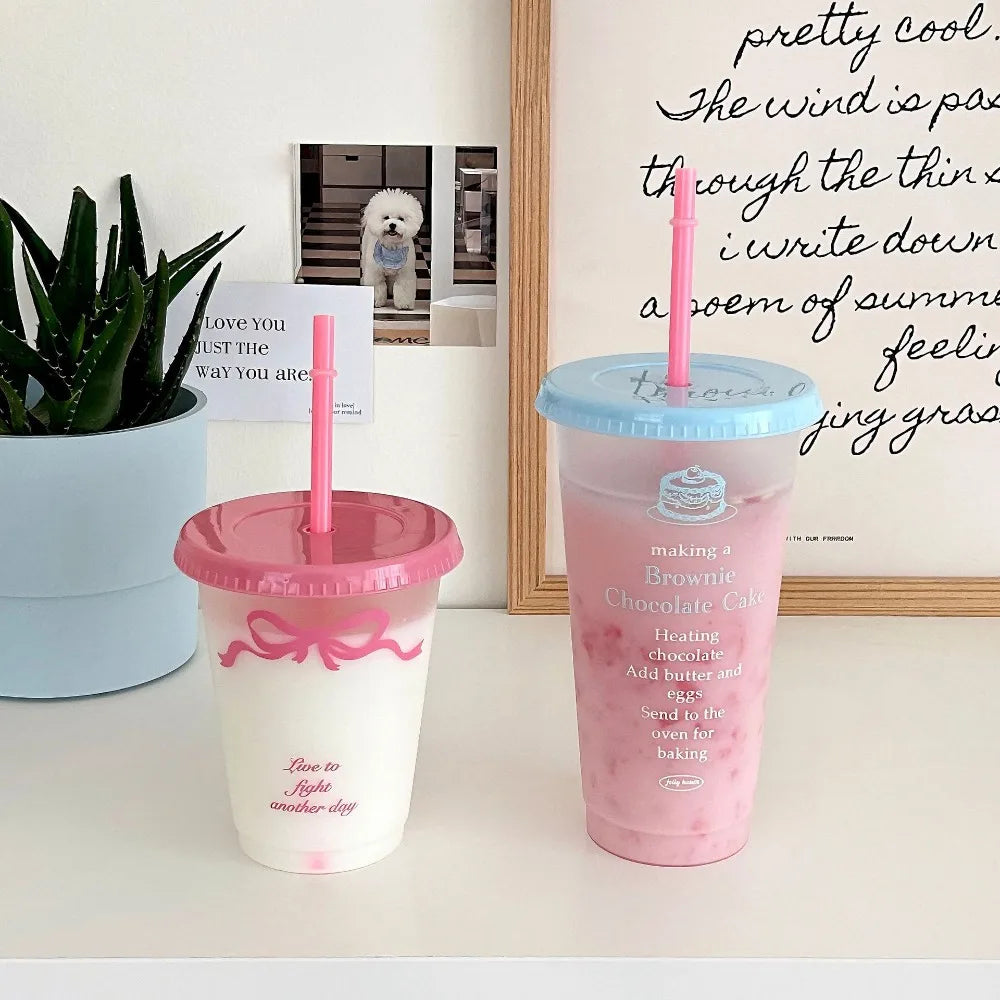 Kawaii 470/700ml Straw Cup with Lid Korean Water Bottle Plastic Reusable Drinking Bottles Coffee - Free Item.