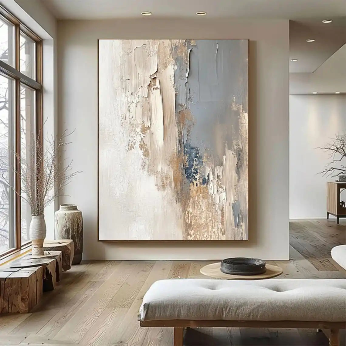Original Large Beige Blue Abstract Handmade Canvas Painting Gray Minimalist Art White Wall Art Textured Painting Home Decorat