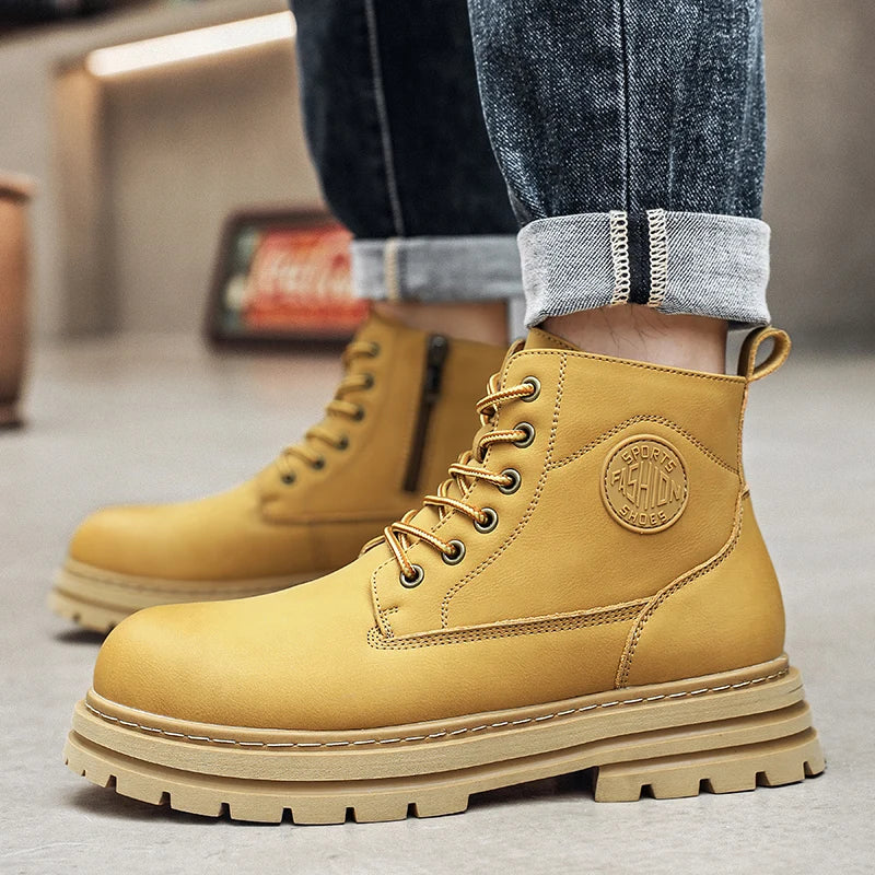 High top boots for men, British style workwear motorcycle boots, summer black side zipper, mid rise soft leather boots for men