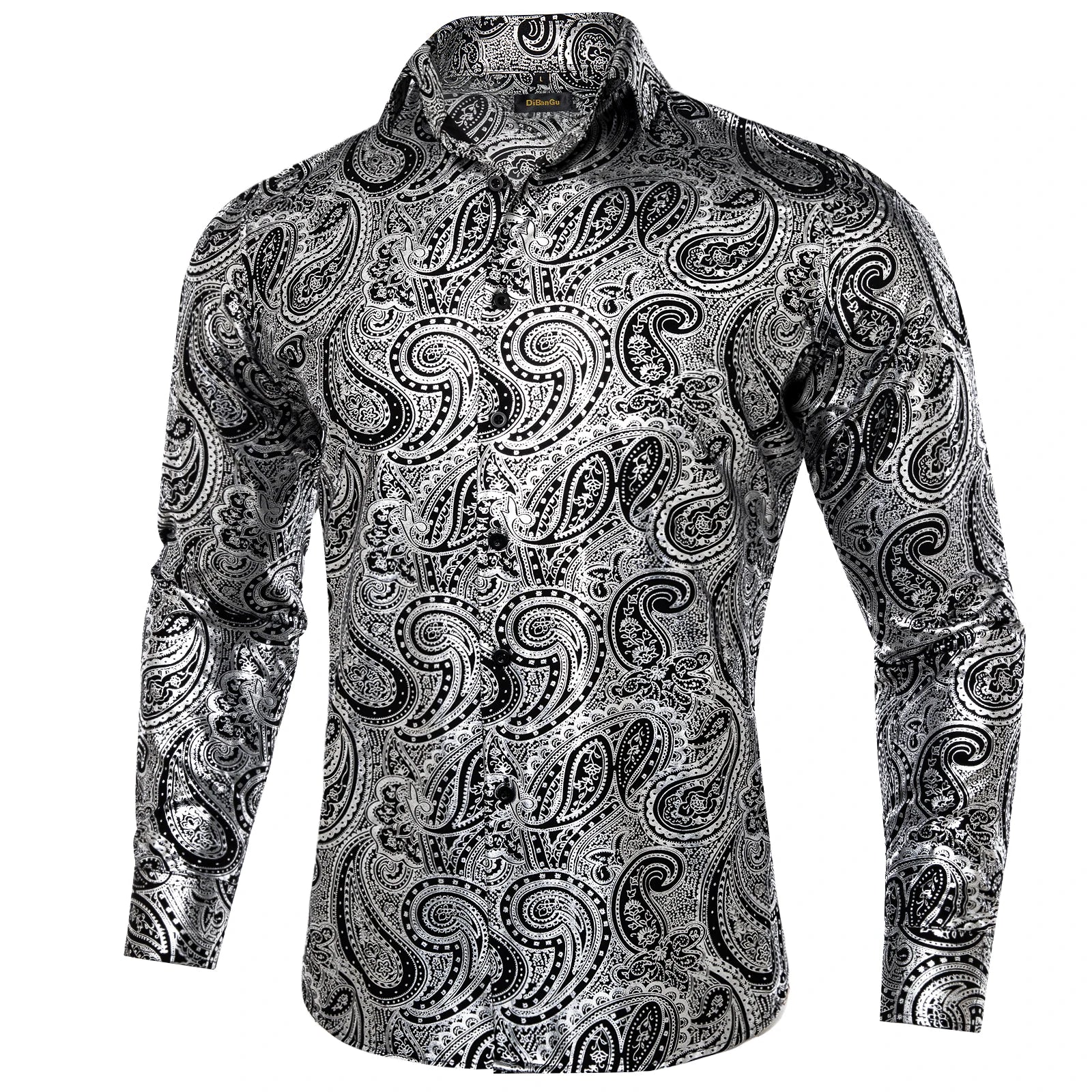 Men's Black and Silver Paisley Dress Shirts for Wedding Prom Clothing Luxury Tops